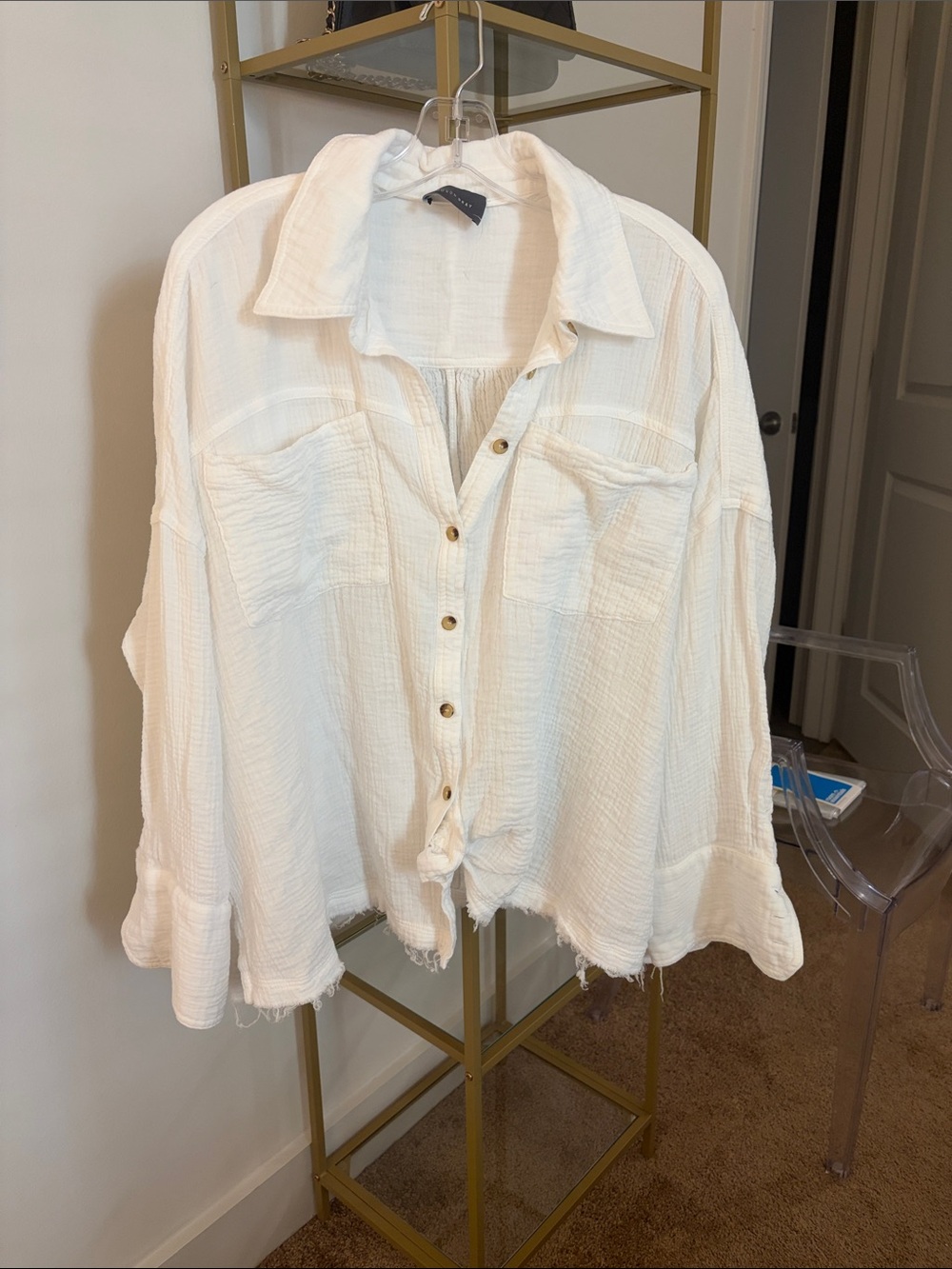 Lightweight Cream Button-Front Gauze Shirt with Chest Pockets